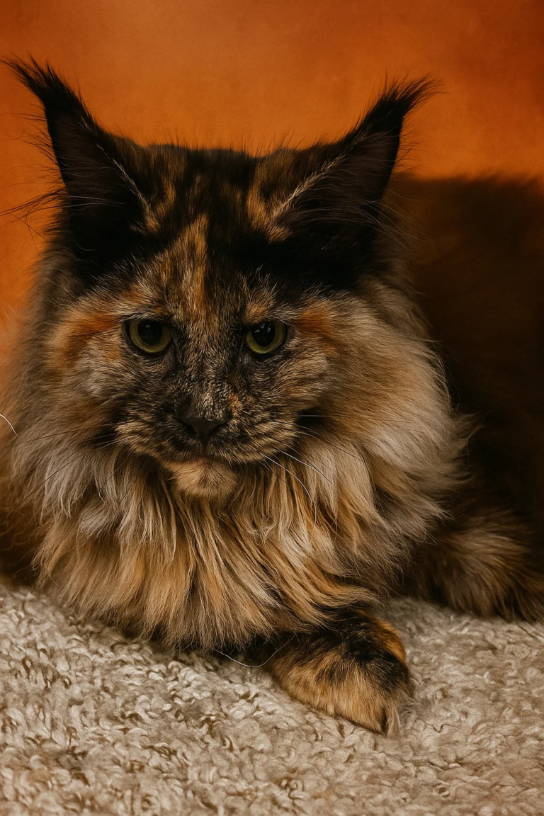 Olivia - Black tortie female Maine Coon queen with beautiful bright red and cream colors.