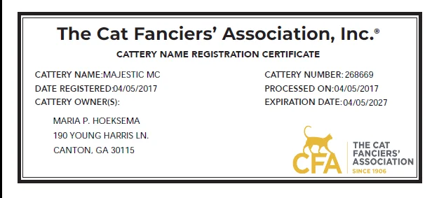 CFA Registered Cattery Certificate for Majestic Maine Coon Cats