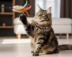 Playful Maine Coon cat reaching up for a feather wand toy indoors