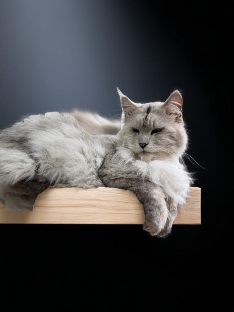 Jagger - Shaded black silver Maine Coon male king laying on a wood shelf, displaying a rich silver and smoke tone coat.