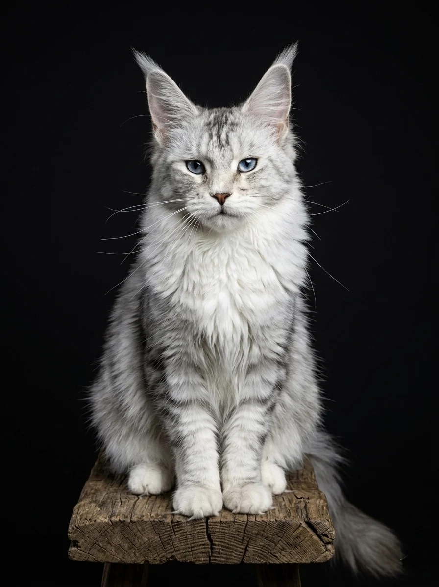 Black silver classic tabby Maine Coon female with beautiful blue eyes sitting on shelve