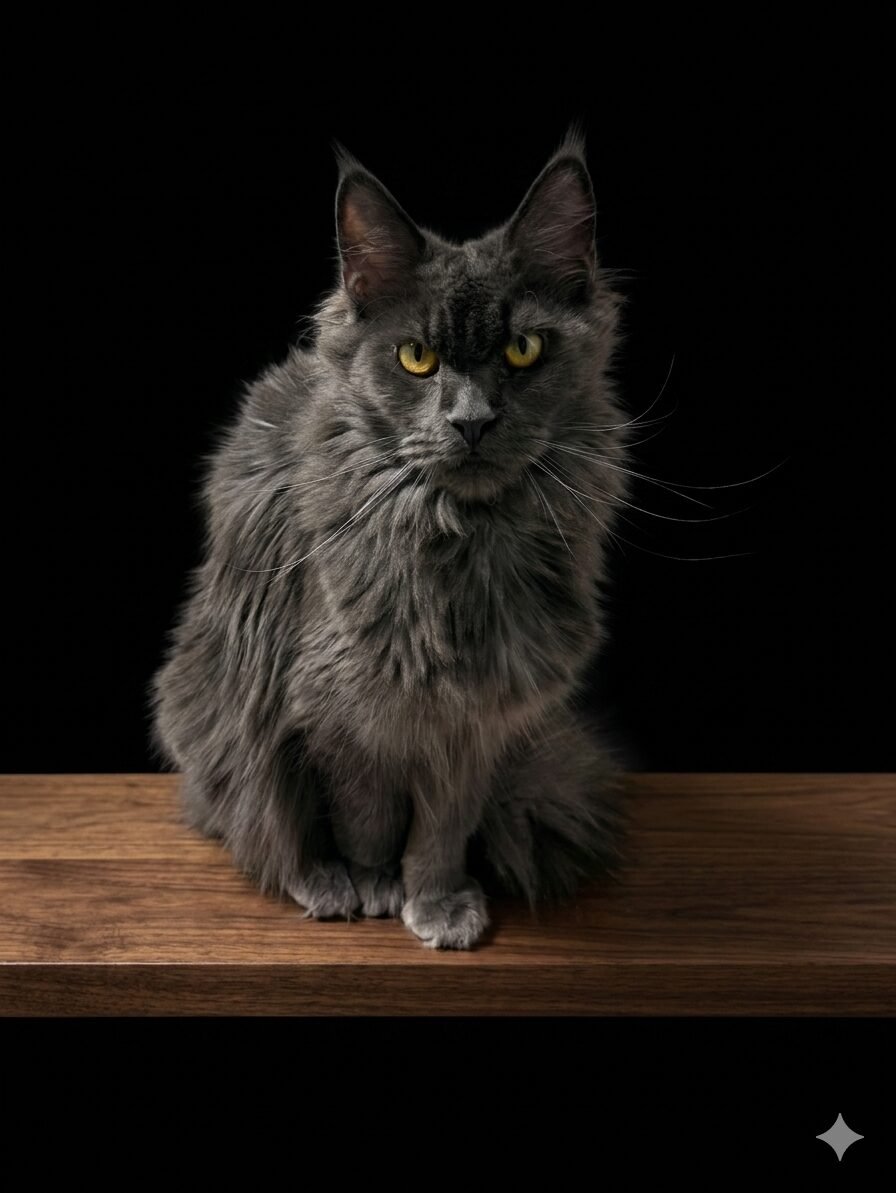 Solid blue Maine Coon female with excellent type and expression