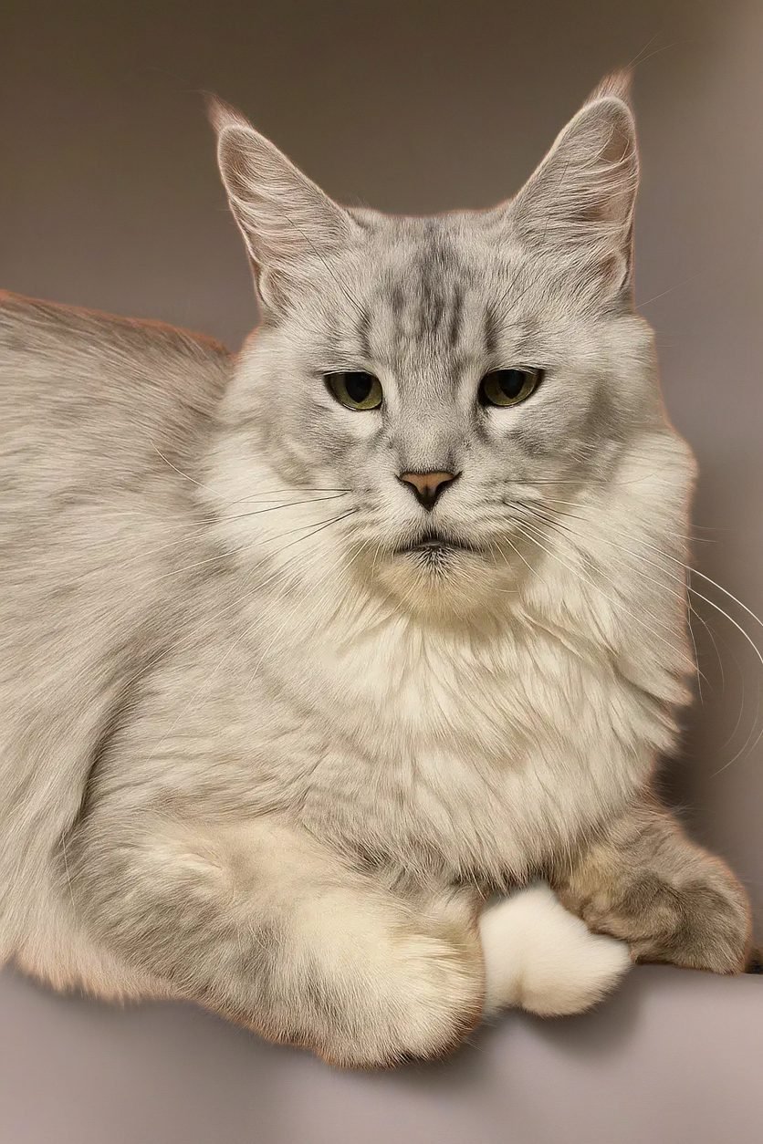 Kalahari - Pale Black Silver Maine Coon female with a Background
