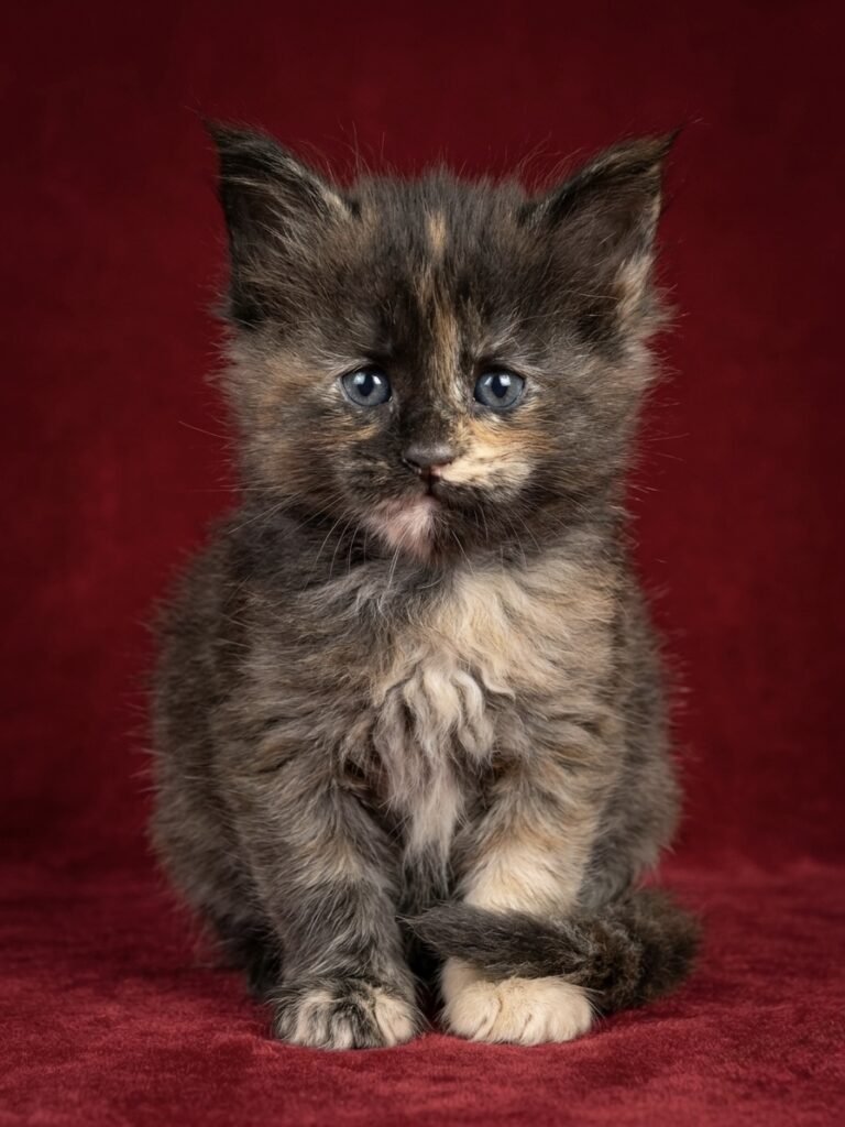 Black tortie in a red background