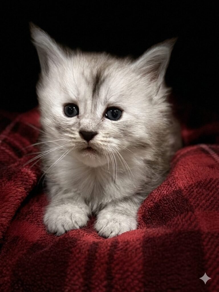 Pale black silver Maine Coon kitten in a red blanket