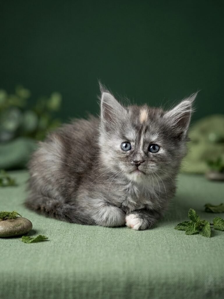 Black smoke tortie in a very pretty green background