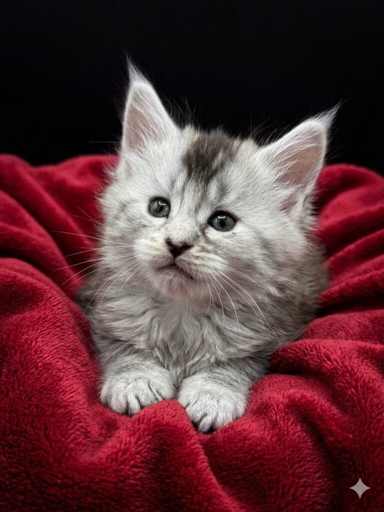 Pale Black silver Maine Coon female laying on a red blanket