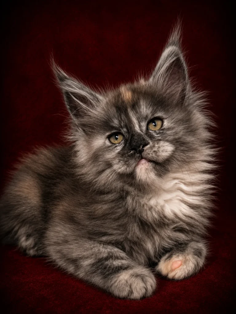 Black smoke tortie female Maine Coon in a deep red background