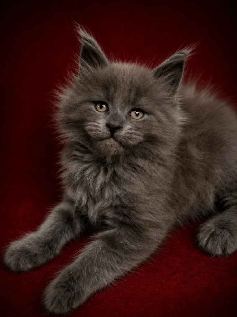 Solid blue Maine Coon female kitten with very strong muzzle and chin