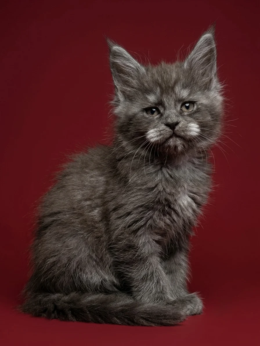 Black smoke female Maine Coon kitten in a deep red background